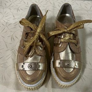 Chanel Metallic Gold Distressed Foil Leather Creepers Platform Sneakers
